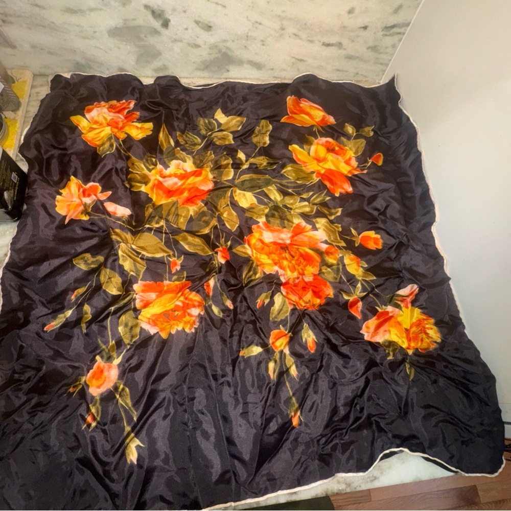 Floral Satin Duvet Cover in Black with Orange Rose Print